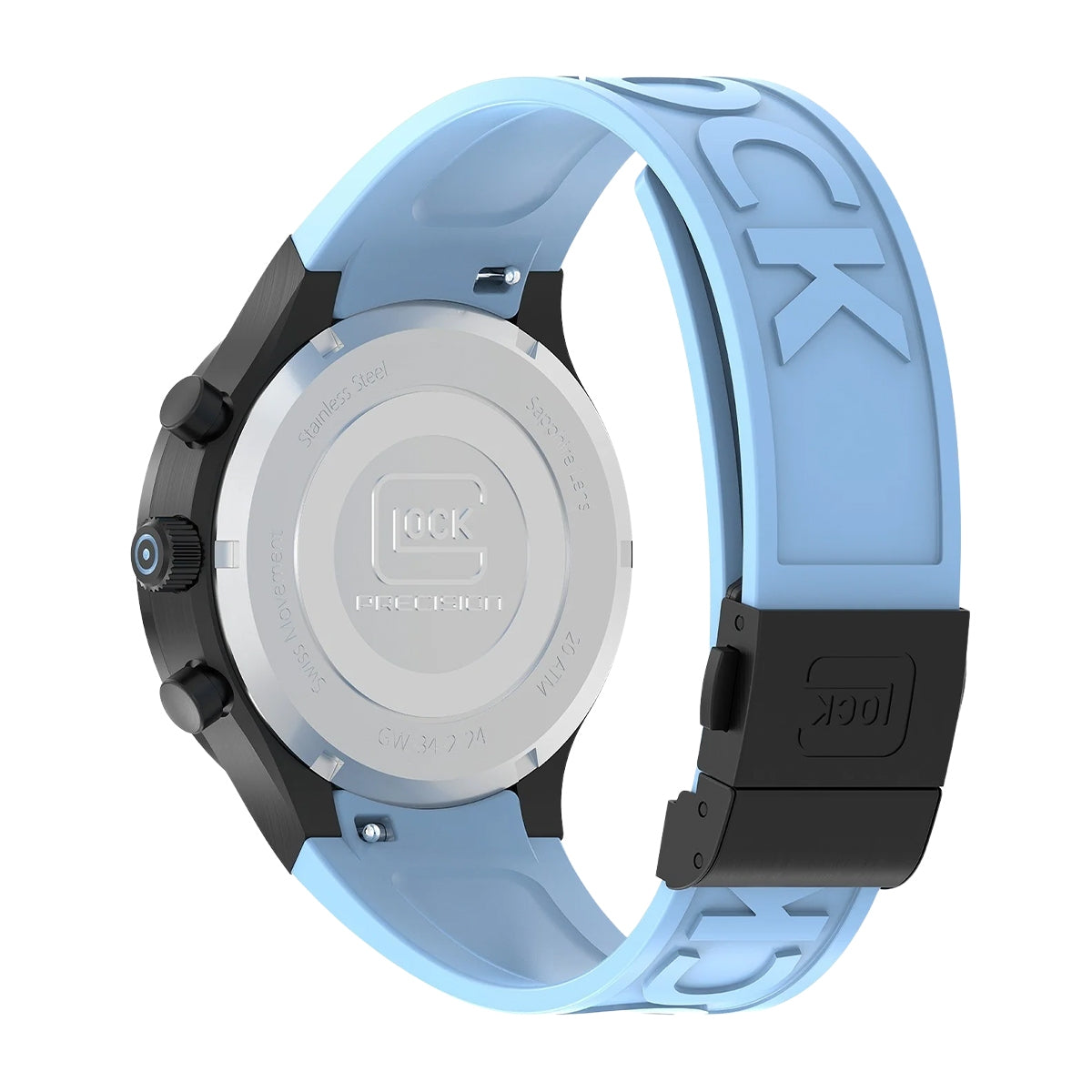 Glock Men's Quartz Chronograph Black Stainless Steel Watch with Black Dial & Light Blue Silicone Strap close-up detail