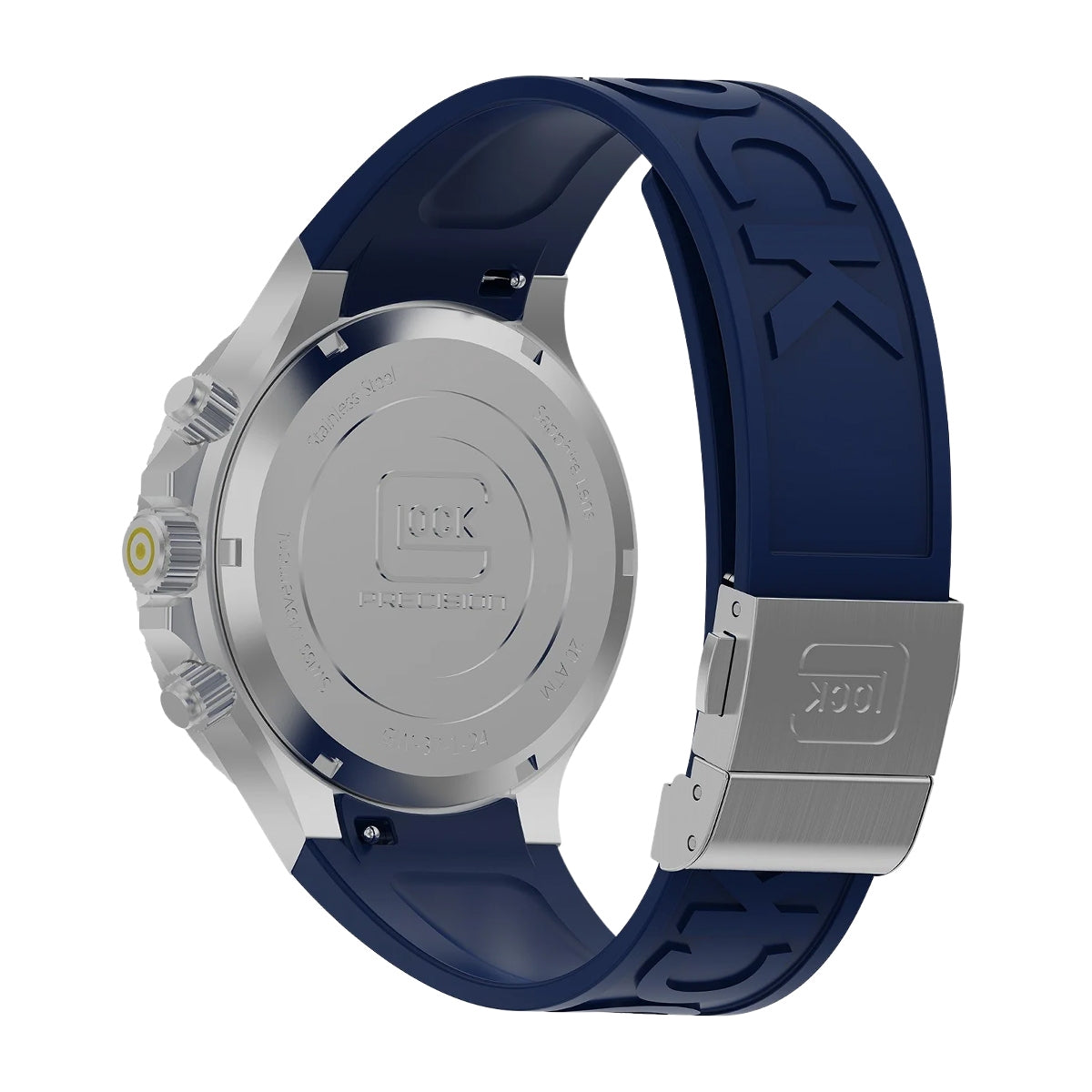 Glock Men's Quartz Chronograph Stainless Steel Watch with Dark Blue Dial & Silicone Strap close-up detail