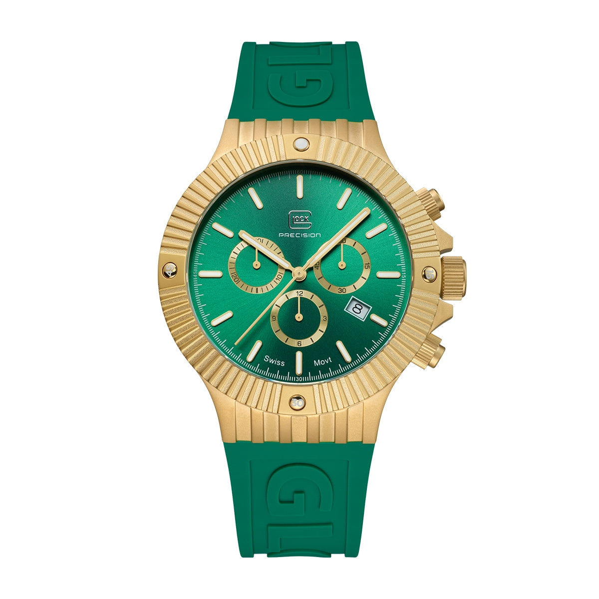 Glock Men's Quartz Chronograph Gold-Tone Stainless Steel Watch with Green Dial & Silicone Strap