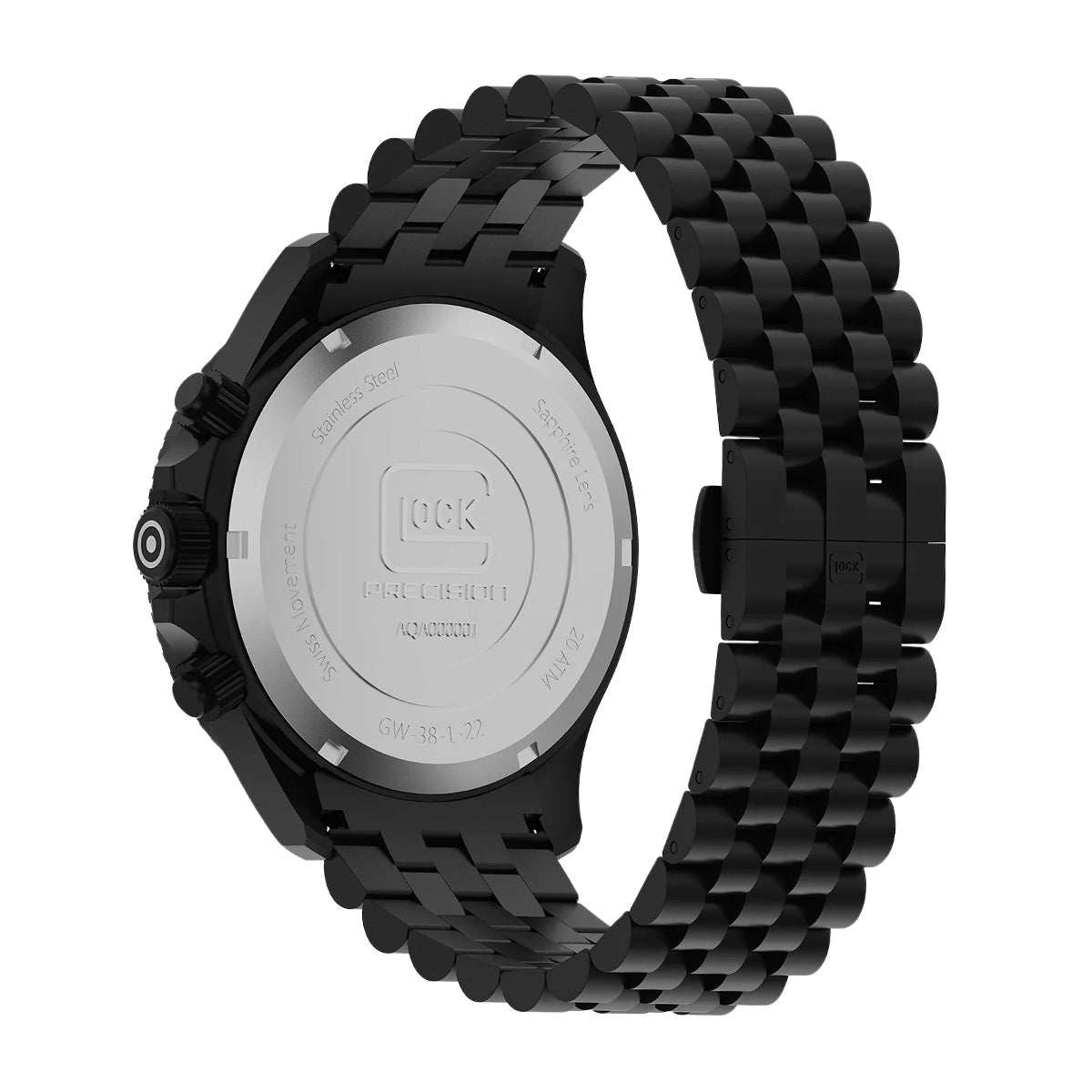 Glock Men's Quartz Chronograph Black Stainless Steel Watch with Black Dial close-up detail