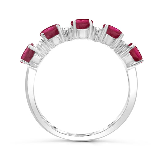 Oval 5-Stone Ruby & 1/10 ct. tw. Diamond Ring in 14K White Gold close-up detail