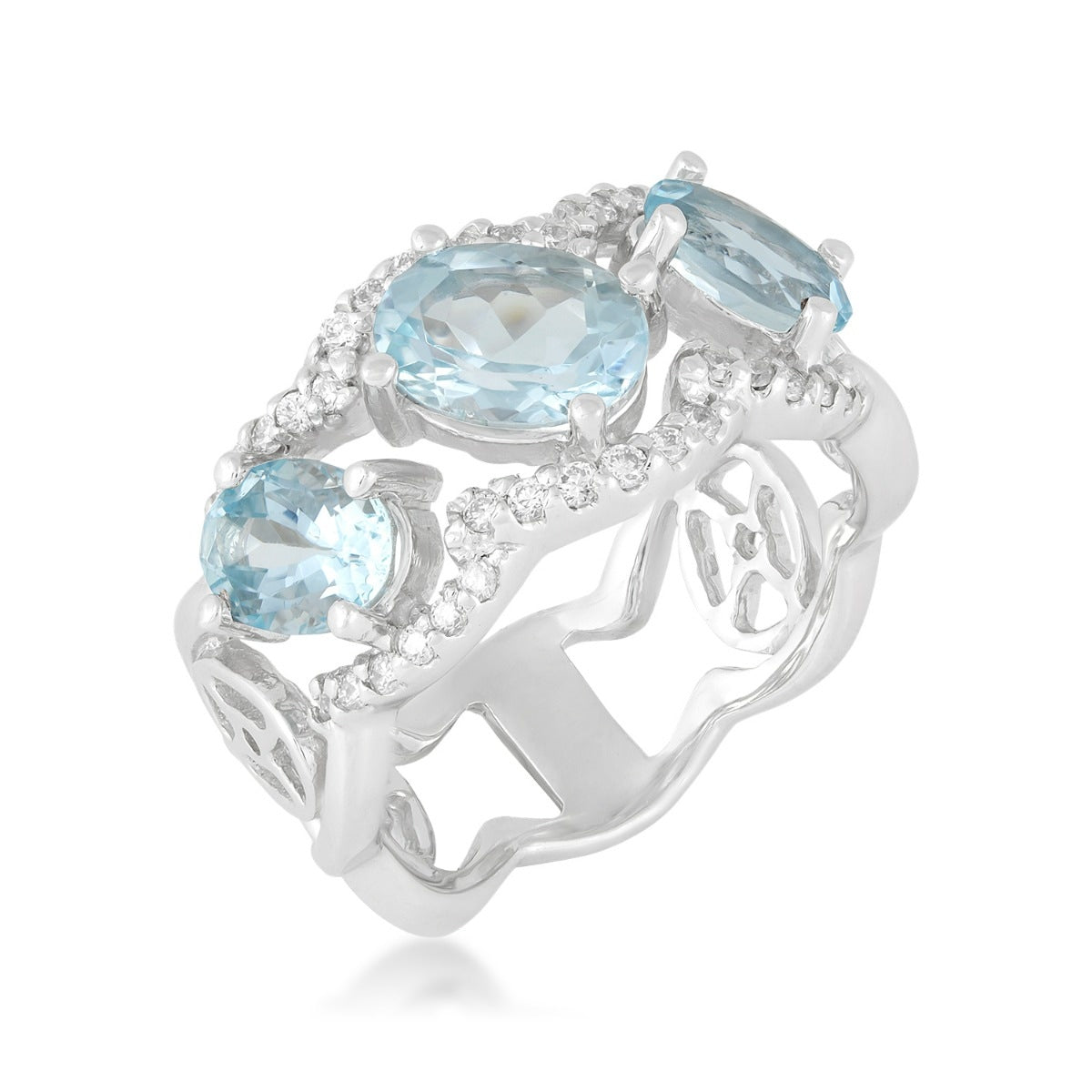 Oval 3-Stone Aquamarine & 1/3 ct. tw. Diamond Scalloped Ring in 14K White Gold front view