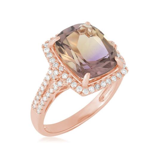 Elongated Cushion Ametrine & 3/8 ct. tw. Diamond Halo Split Shank Ring in 14K Pink Gold front view