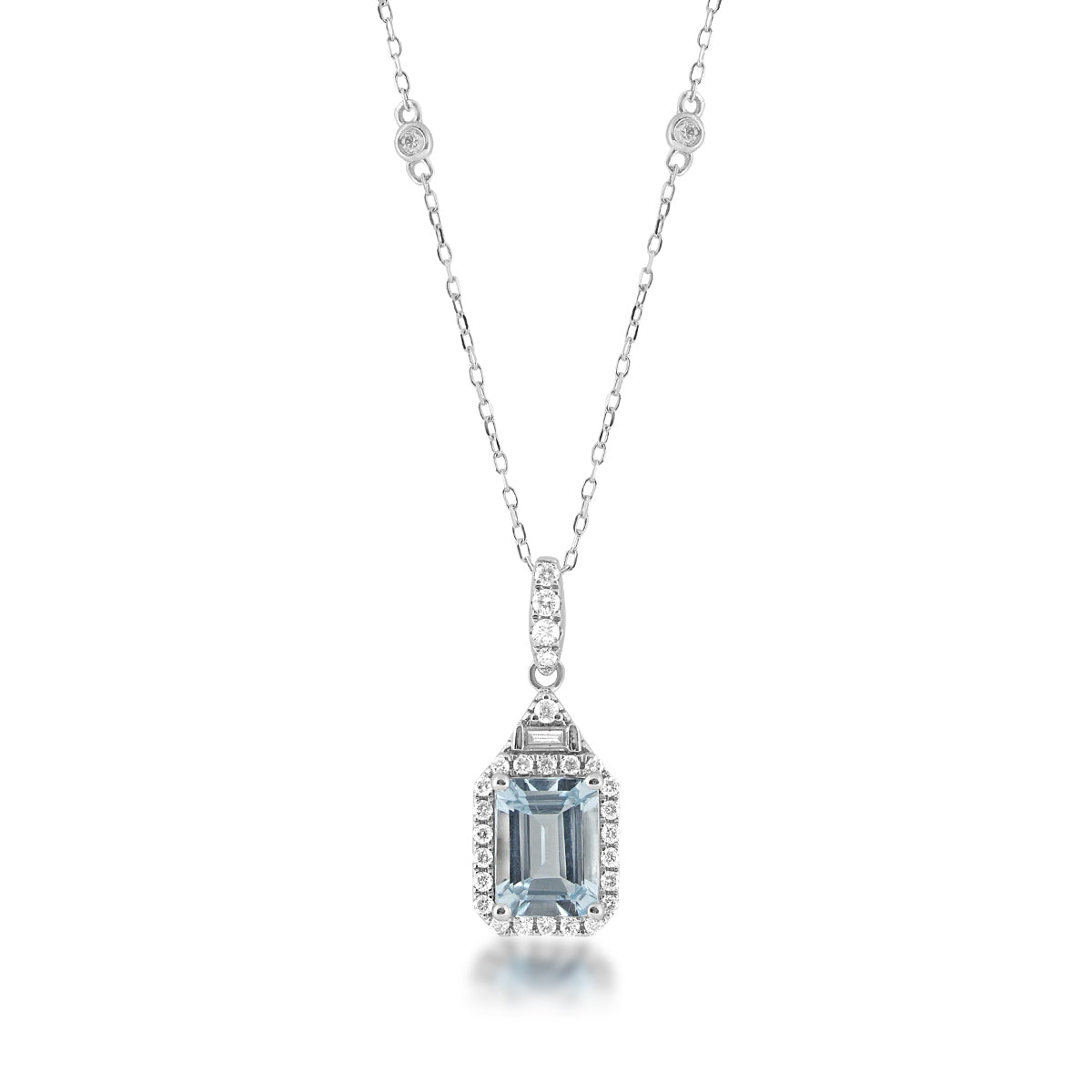 Emerald Cut Aquamarine & Diamond Accent Halo Station Pendant in 14K White Gold