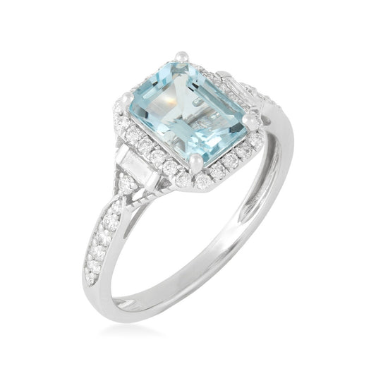 Emerald Cut Aquamarine & 1/3 ct. tw. Diamond Halo Ring in 14K White Gold front view