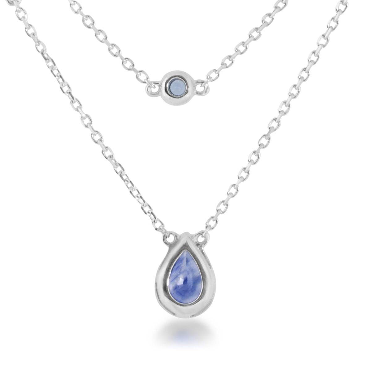 Pear & Round Sapphire & 1/5 ct. tw. Diamond Bezel Set Station Layered Necklace in 18K White Gold front view