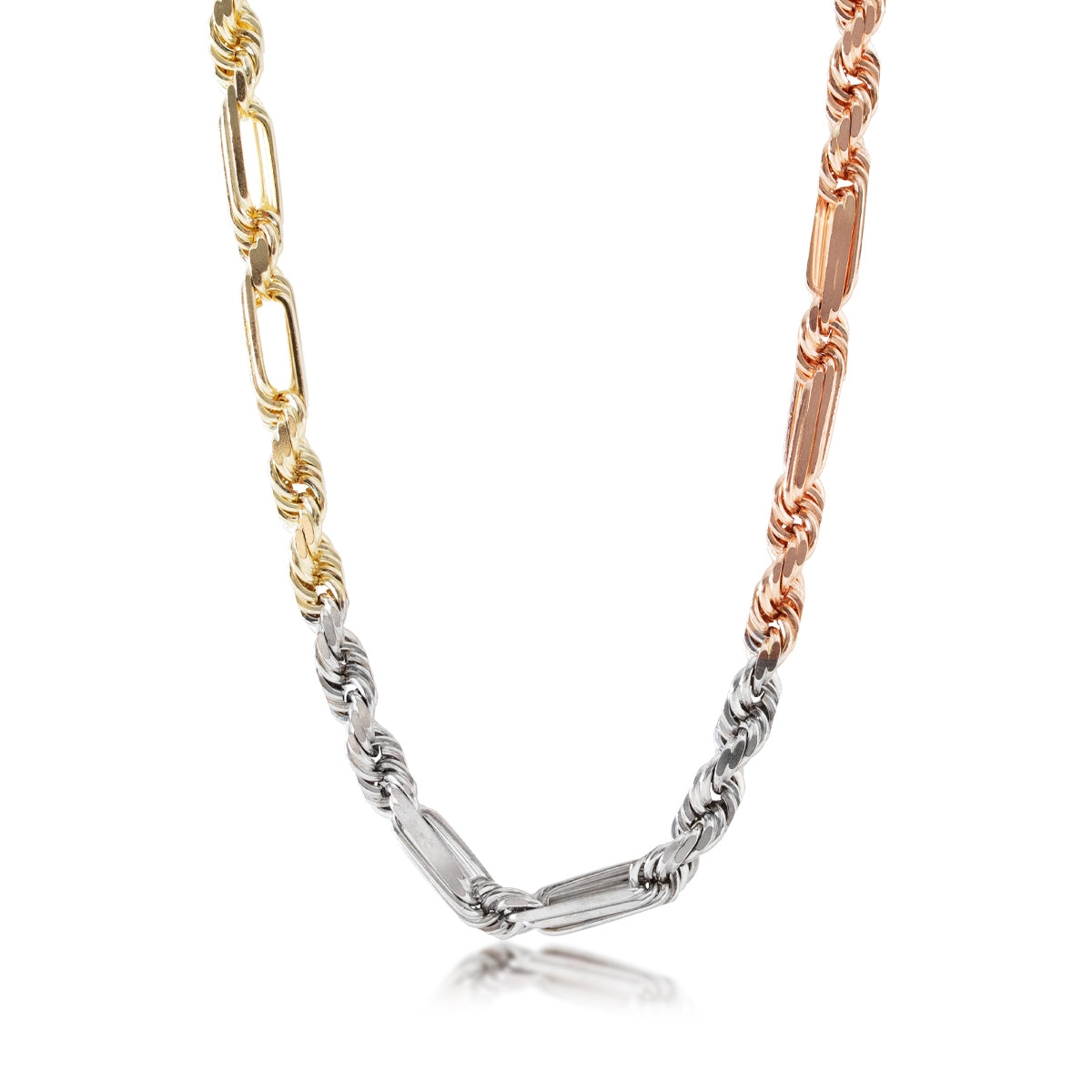 6mm 24-inch Solid Diamond Cut Milano Rope Chain in 14K Tri-Tone Gold