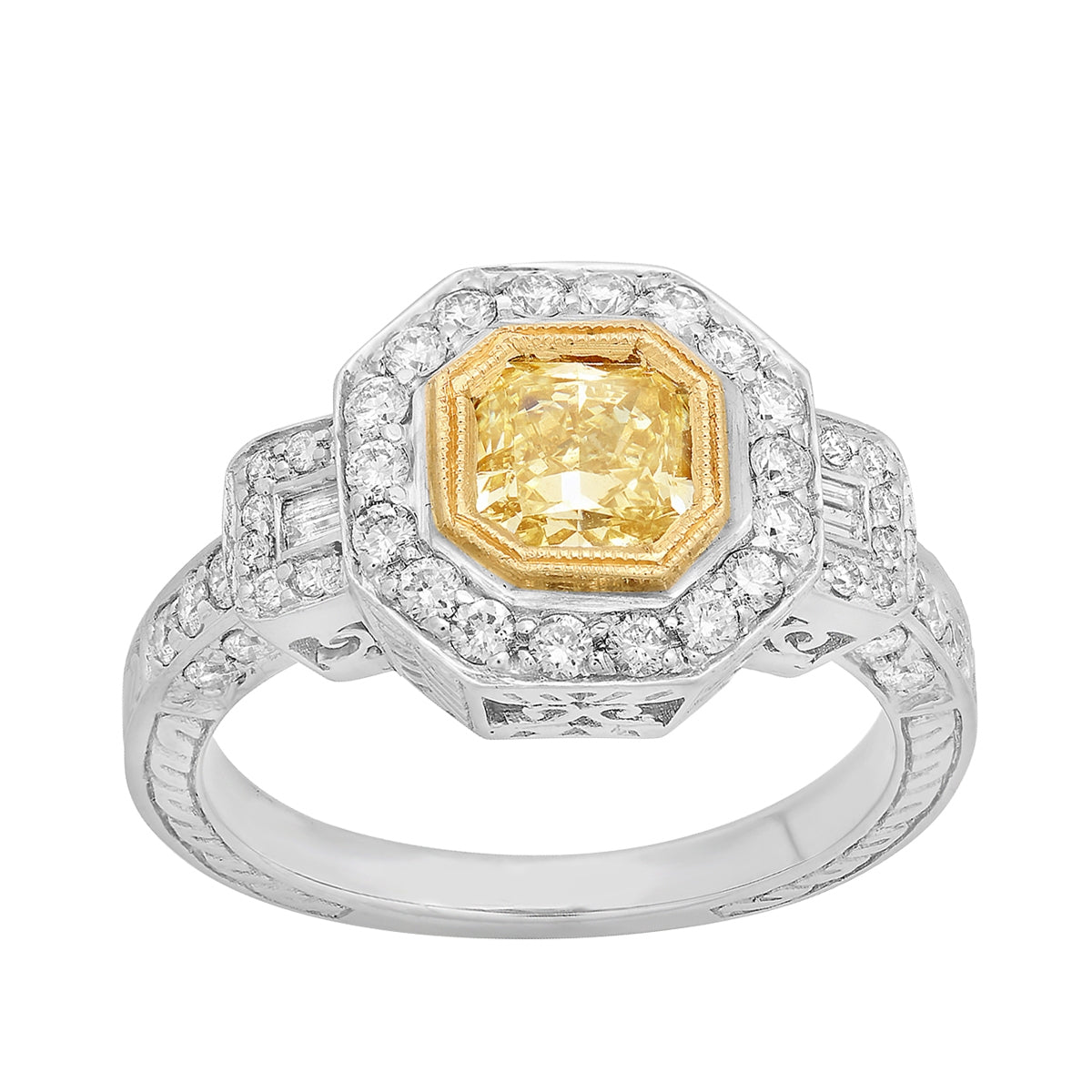 1-1/2 ct. tw. Asscher Cut Yellow Diamond Milgrain Halo Engagement Ring in 18K White & Yellow Gold