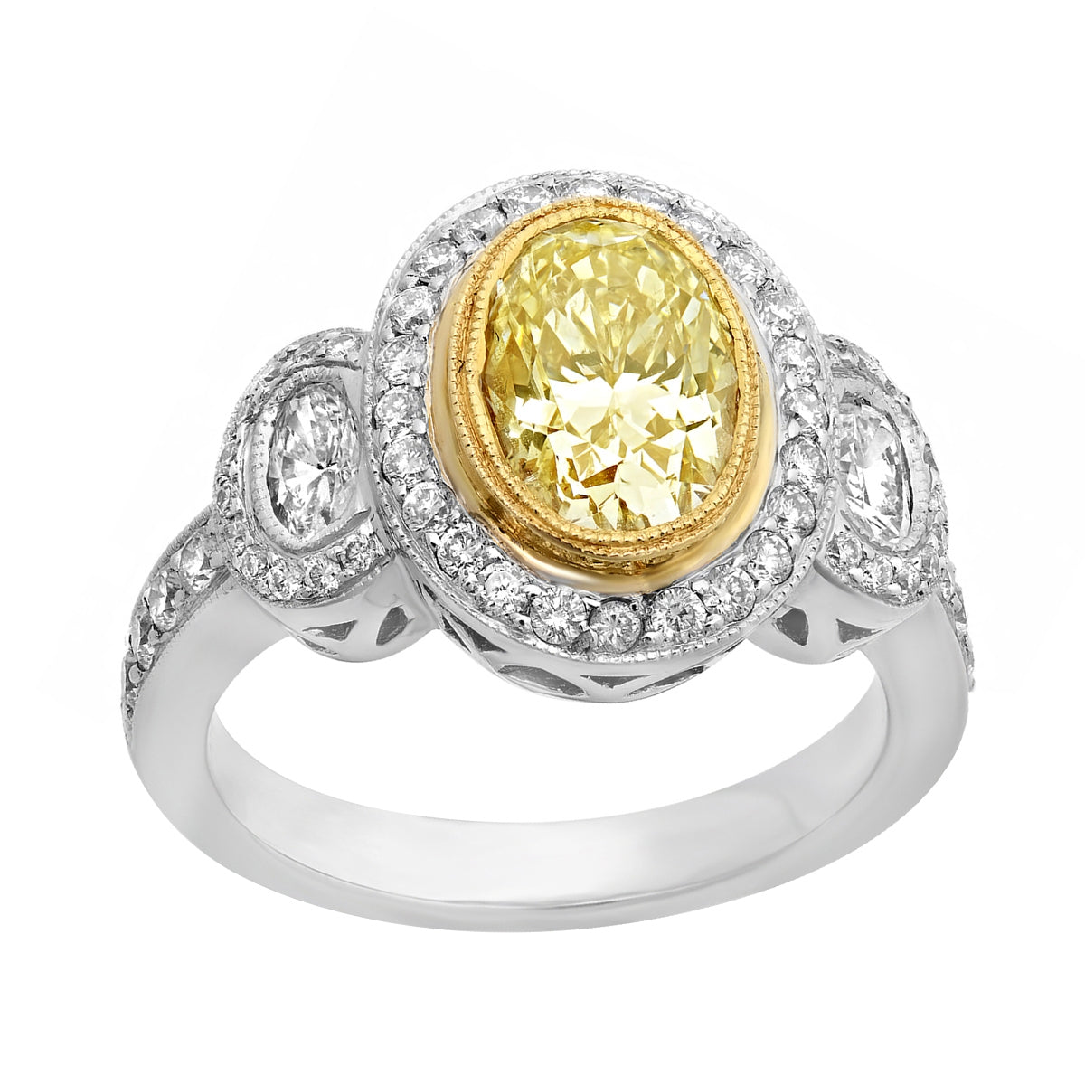 1-9/10 ct. tw. Oval Yellow Diamond Milgrain Halo Engagement Ring in 18K White & Yellow Gold