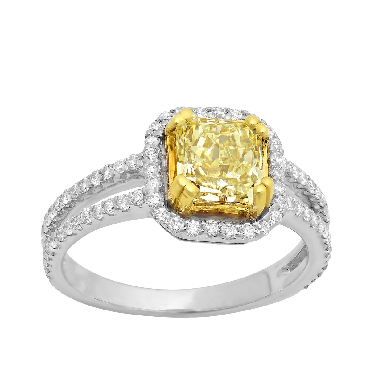 2 ct. tw. Asscher Cut Yellow Diamond Halo Split Shank Engagement Ring in 18K White & Yellow Gold