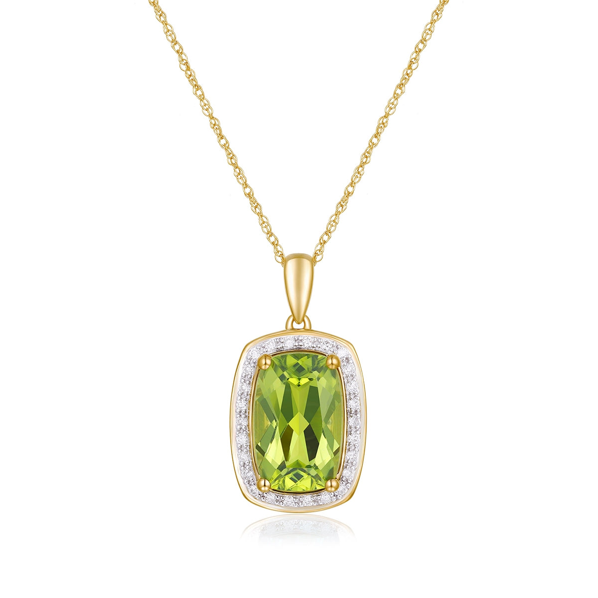Cushion Peridot & 1/6 ct. tw. Diamond Halo Pendant in 14K Yellow Gold