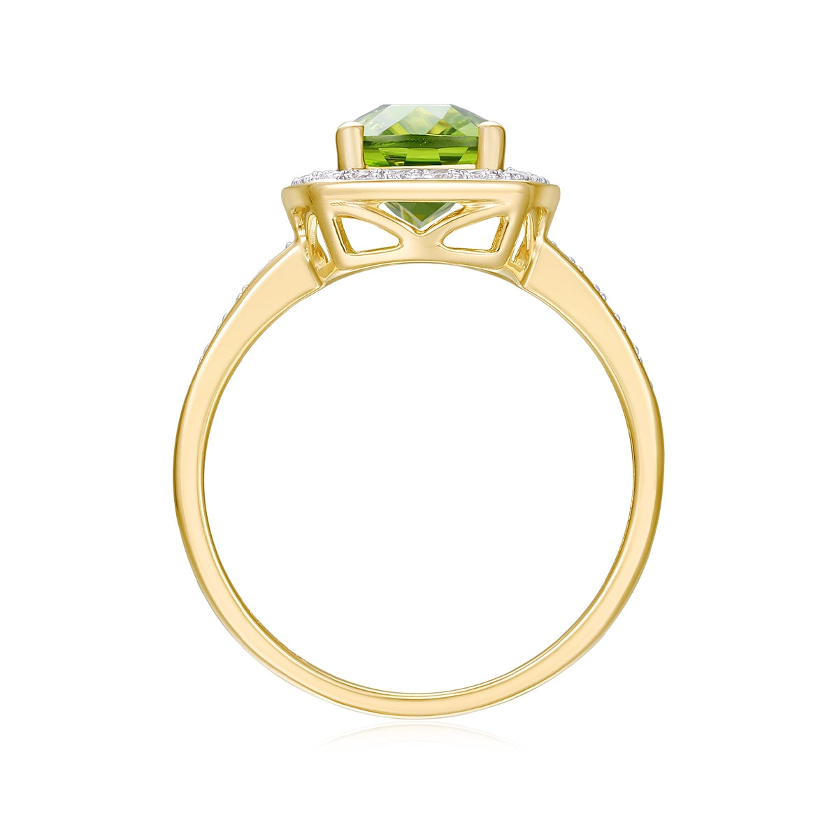 Cushion Peridot & 1/10 ct. tw. Diamond Halo Ring in 14K Yellow Gold front view