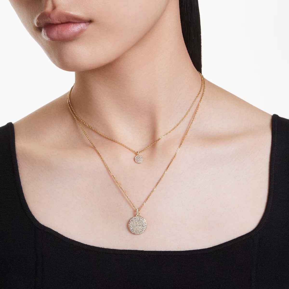 Swarovski Meteora Round White Crystal Layered Disc Pendant in Yellow Gold-Tone Plating side profile