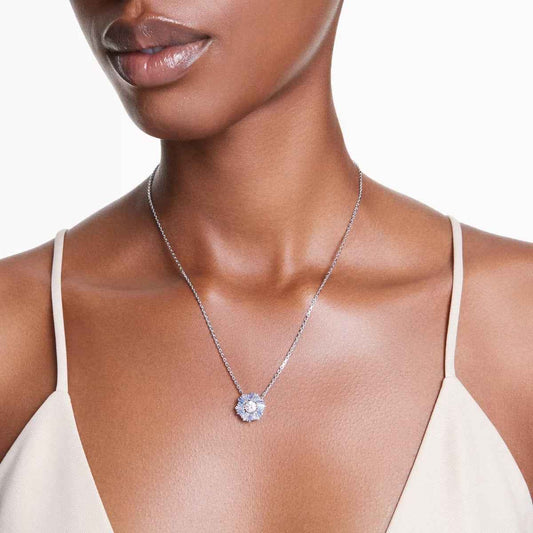Swarovski Idyllia Round & Baguette White & Blue Crystal Pendant in White Rhodium Plating close-up detail