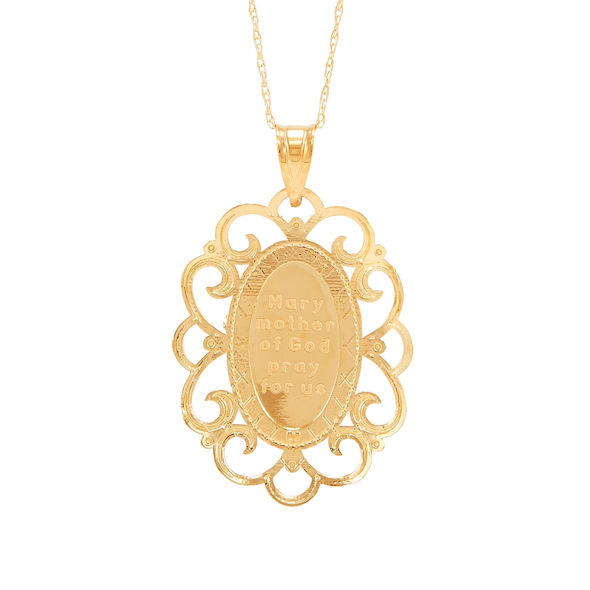 Filigree Oval Mother Mary Pendant in 10K Yellow Gold front view