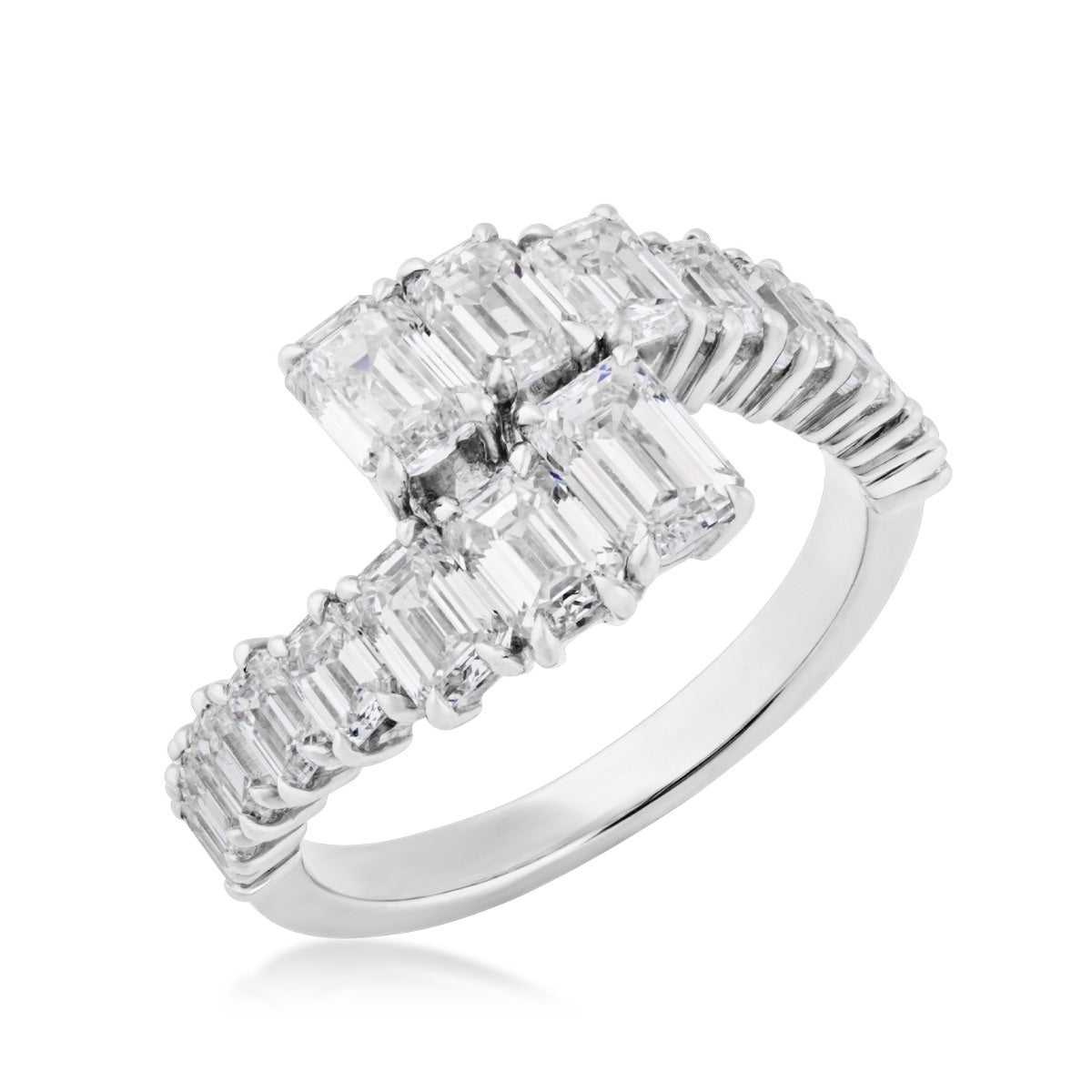 Sirus Tanya 2-7/8 ct. tw. Emerald Cut Diamond Graduated Bypass Ring in 18K White Gold front view