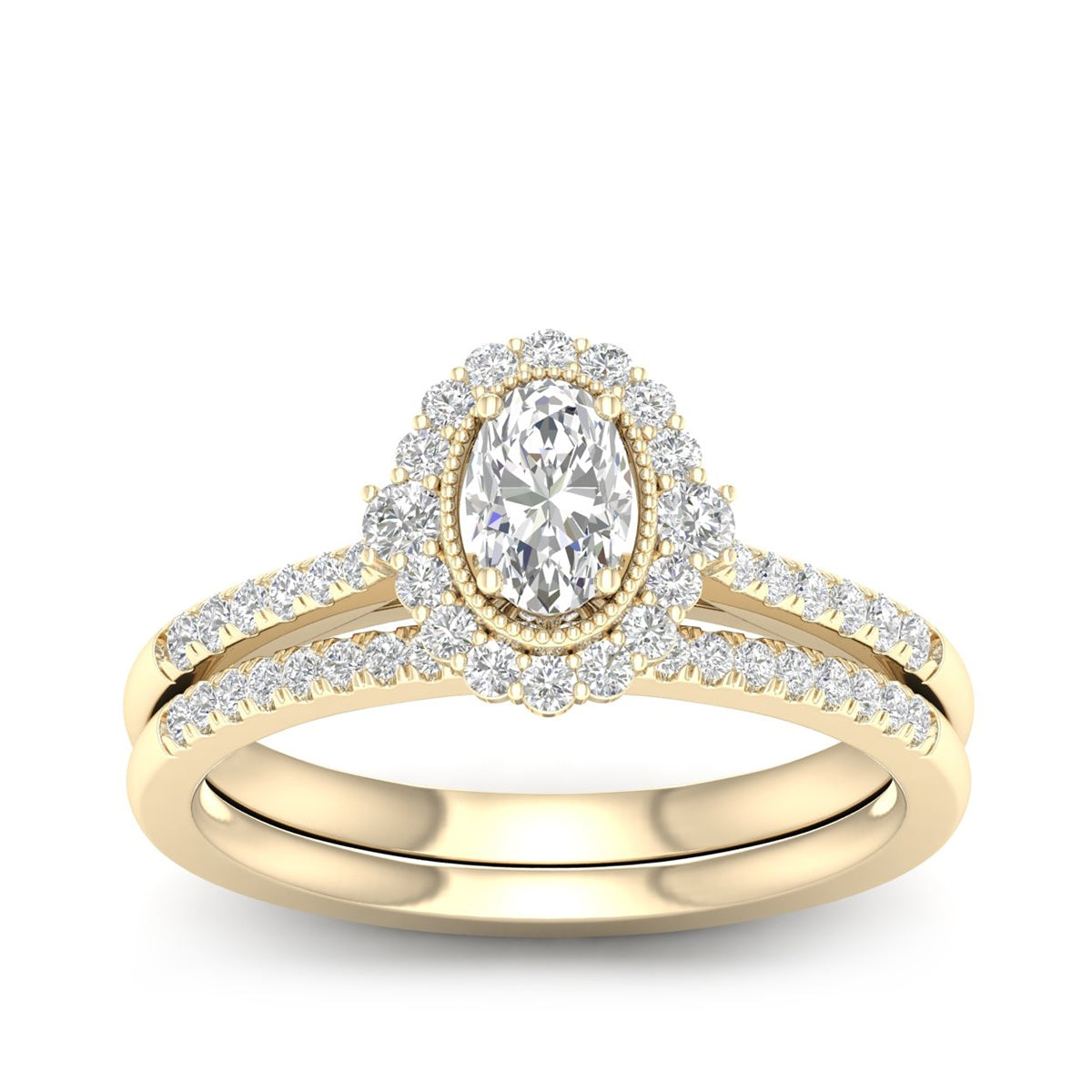 Natural 7/8 ct. tw. Oval Diamond Milgrain Halo Wedding Set in 14K Yellow Gold