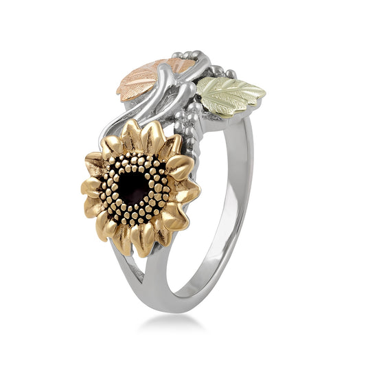 Black Hills Gold Sunflower & Leaf Ring in 10K White & Yellow Gold front view
