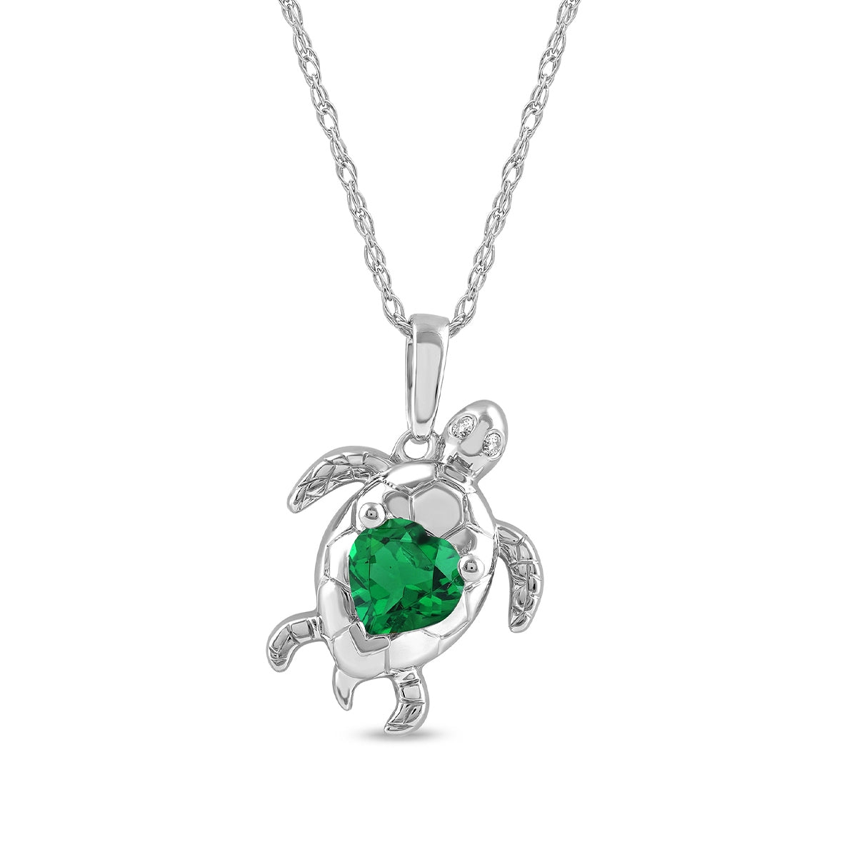 Created Heart Emerald & White Sapphire Turtle Pendant in Sterling Silver