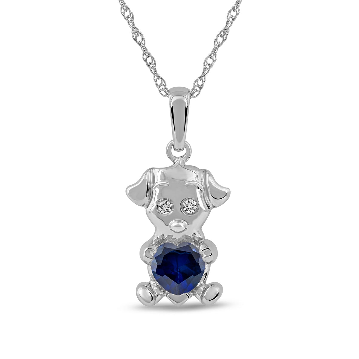 Created Heart Blue & White Sapphire Puppy Pendant in Sterling Silver
