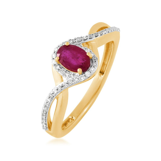Infinite Love Oval Ruby & 1/10 ct. tw. Diamond Halo Crossover Ring in 10K Yellow Gold front view (2)
