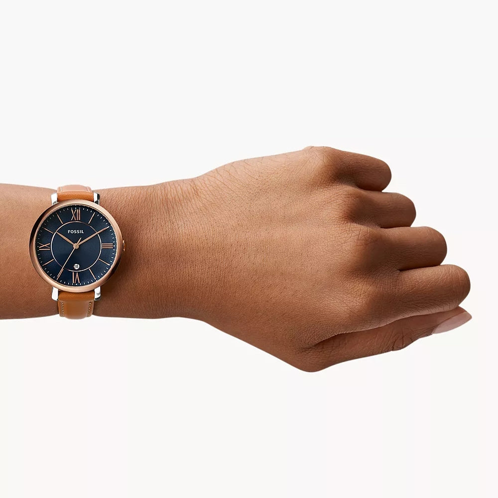 Fossil Ladies' Jacqueline Quartz White & Rose Gold-Tone Stainless Steel Watch with Blue Dial & Leather Strap front view