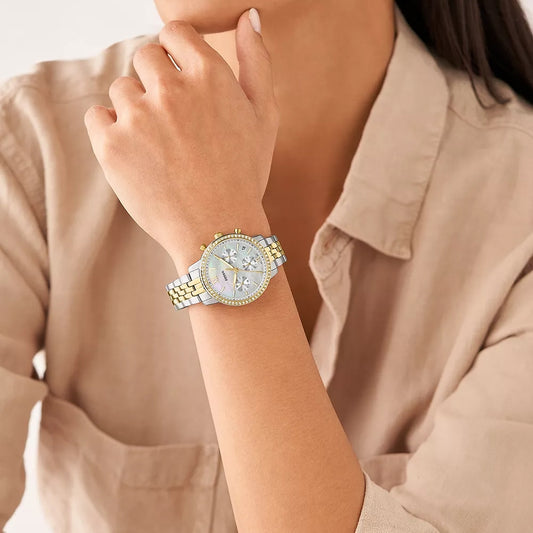 Fossil Ladies' Neutra Quartz Chronograph White & Gold-Tone Stainless Steel Watch with Crystal Accent Mother of front view