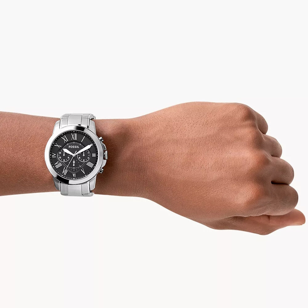 Fossil Men's Grant Quartz Chronograph Stainless Steel Watch with Black Dial front view