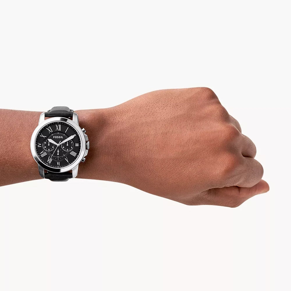 Fossil Men's Grant Quartz Chronograph Stainless Steel Watch with Black Dial & Leather Strap front view