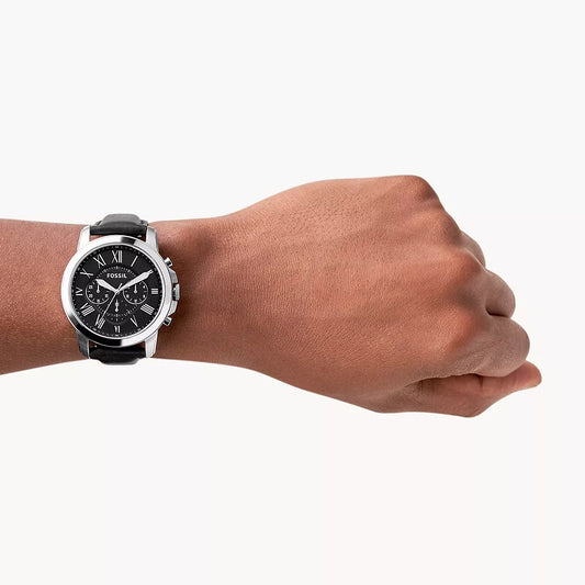 Fossil Men's Grant Quartz Chronograph Stainless Steel Watch with Black Dial & Leather Strap front view