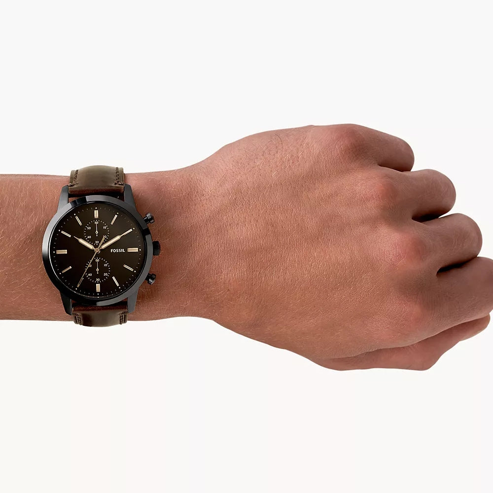 Fossil Men's Townsman Quartz Chronograph Black Stainless Steel Watch with Black Dial & Leather Strap front view
