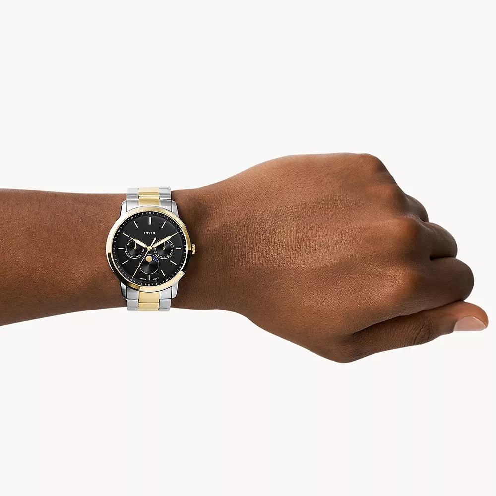 Fossil Men's Neutra Quartz Multi-Function White & Gold-Tone Stainless Steel Watch with Black Dial front view