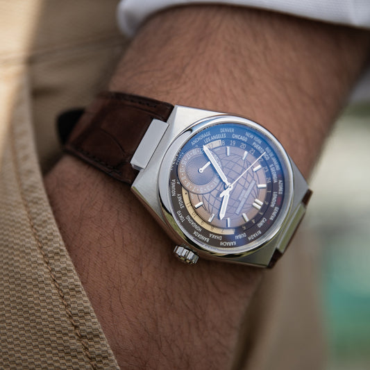 Frederique Constant Men's Highlife Worldtimer Manufacture Stainless Steel Watch with Brown Dial & Leather Strap side profile