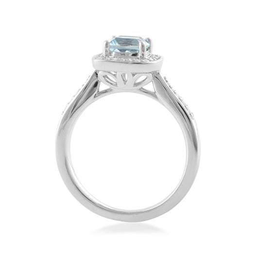 Cushion Aquamarine & 1/6 ct. tw. Diamond Halo Ring in 14K White Gold close-up detail