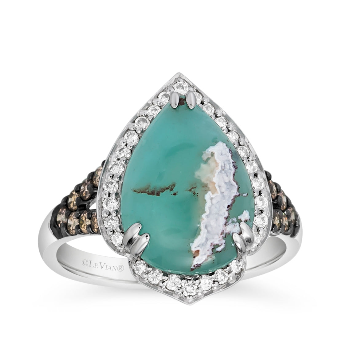 Le Vian Pear Peacock Aquaprase & 1/2 ct. tw. Vanilla & Chocolate Diamond Halo Ring in 14K Vanilla Gold