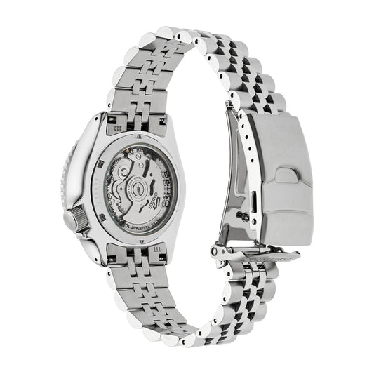 Seiko 5 Sports GMT automatic watch with dark green dial, stainless steel bracelet and green and black 24-hour bezel