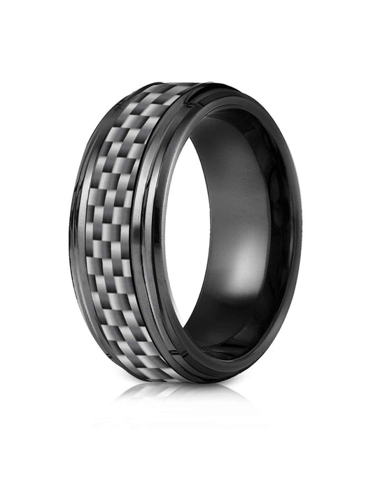 BENCHMARK Mens 9MM Black Titanium with Carbon Fiber Inlay Wedding Band close-up detail