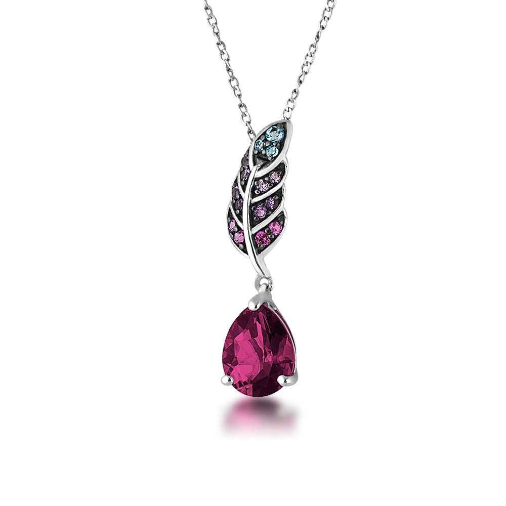 Genuine Pear Shaped Brazilian Garnet Blue Topaz & Amethyst Feather Pendant with Black Rhodium Plated Accent in Sterling