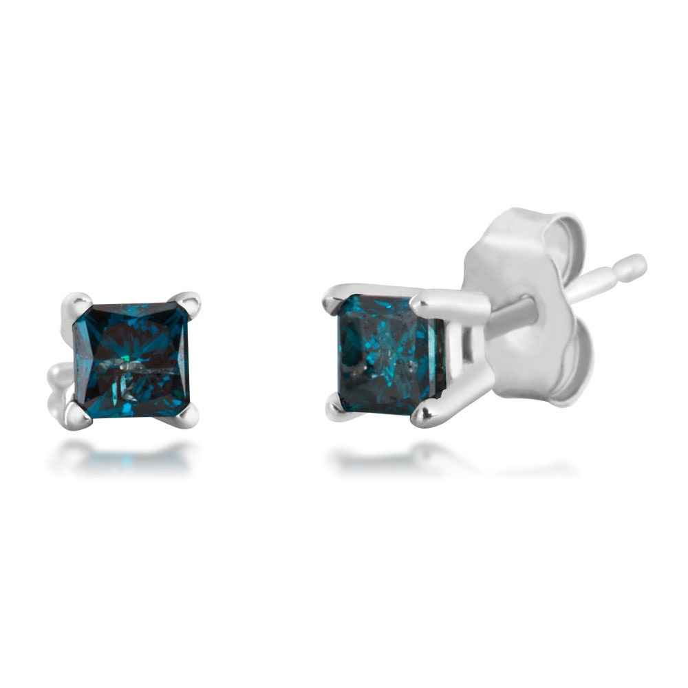 1/4CTTW Treated Blue Diamond Princess Cut Stud Earrings in 14k White Gold