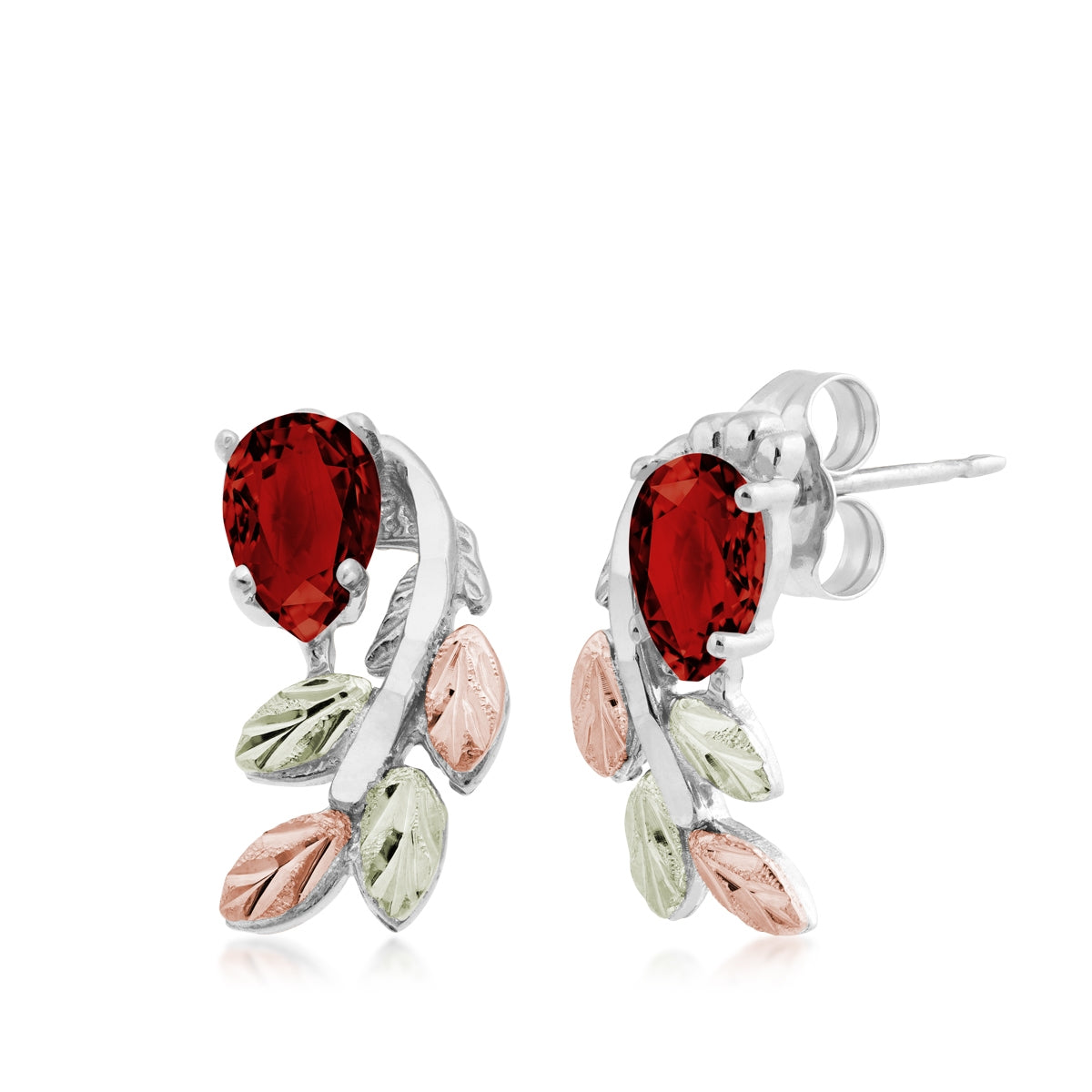 Black Hills Gold Pear Garnet & Leaf Branch Earrings in Sterling Silver