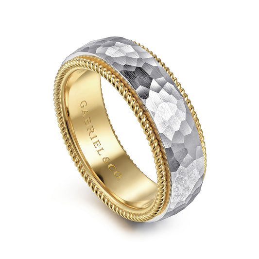 Gabriel & Co. Atticus Men's 8mm Hammered Finish Rope Edge Wedding Ring in 14K White & Yellow Gold front view
