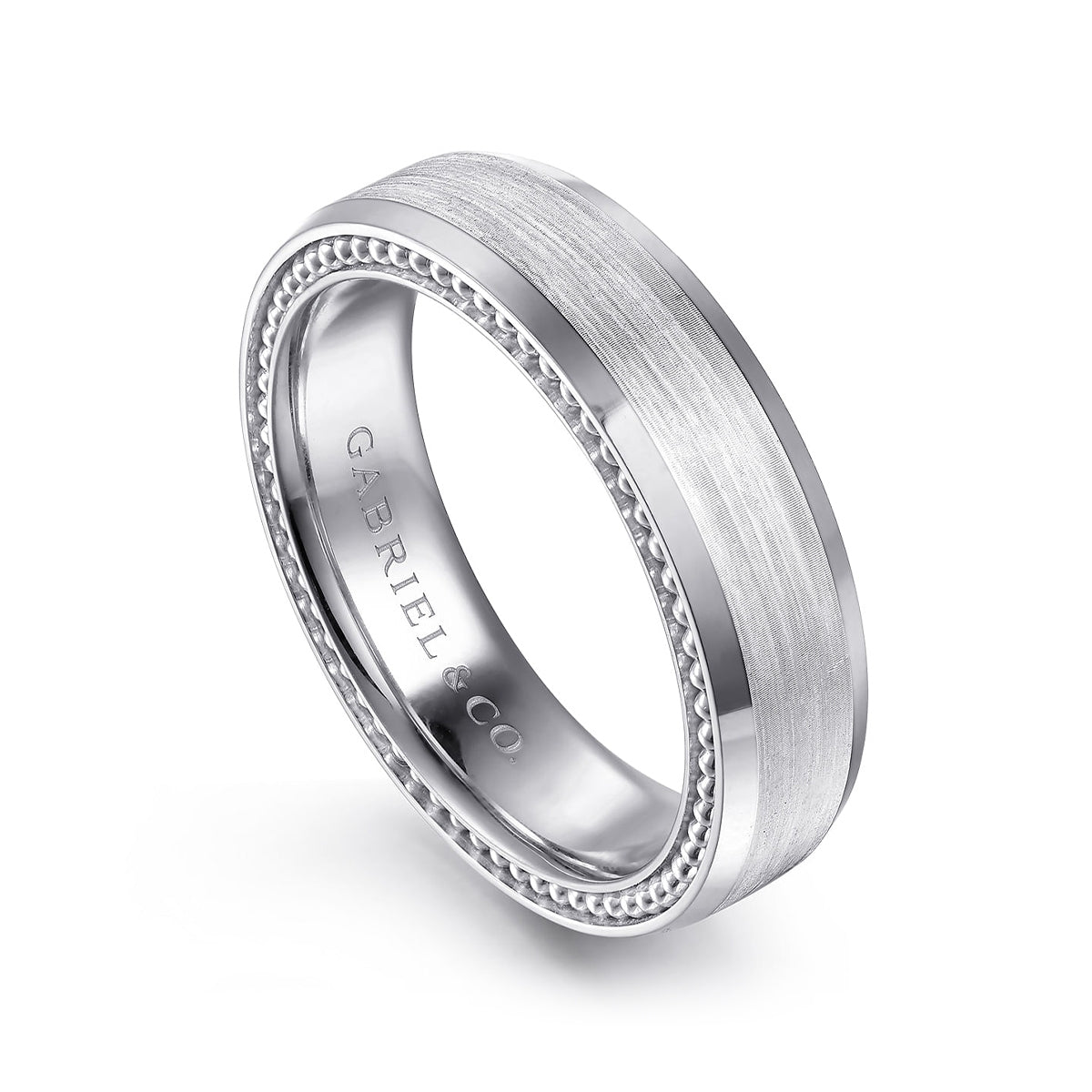 Gabriel & Co. Felix Men's 6mm Satin Finish Milgrain Edge Wedding Ring in 14K White Gold front view