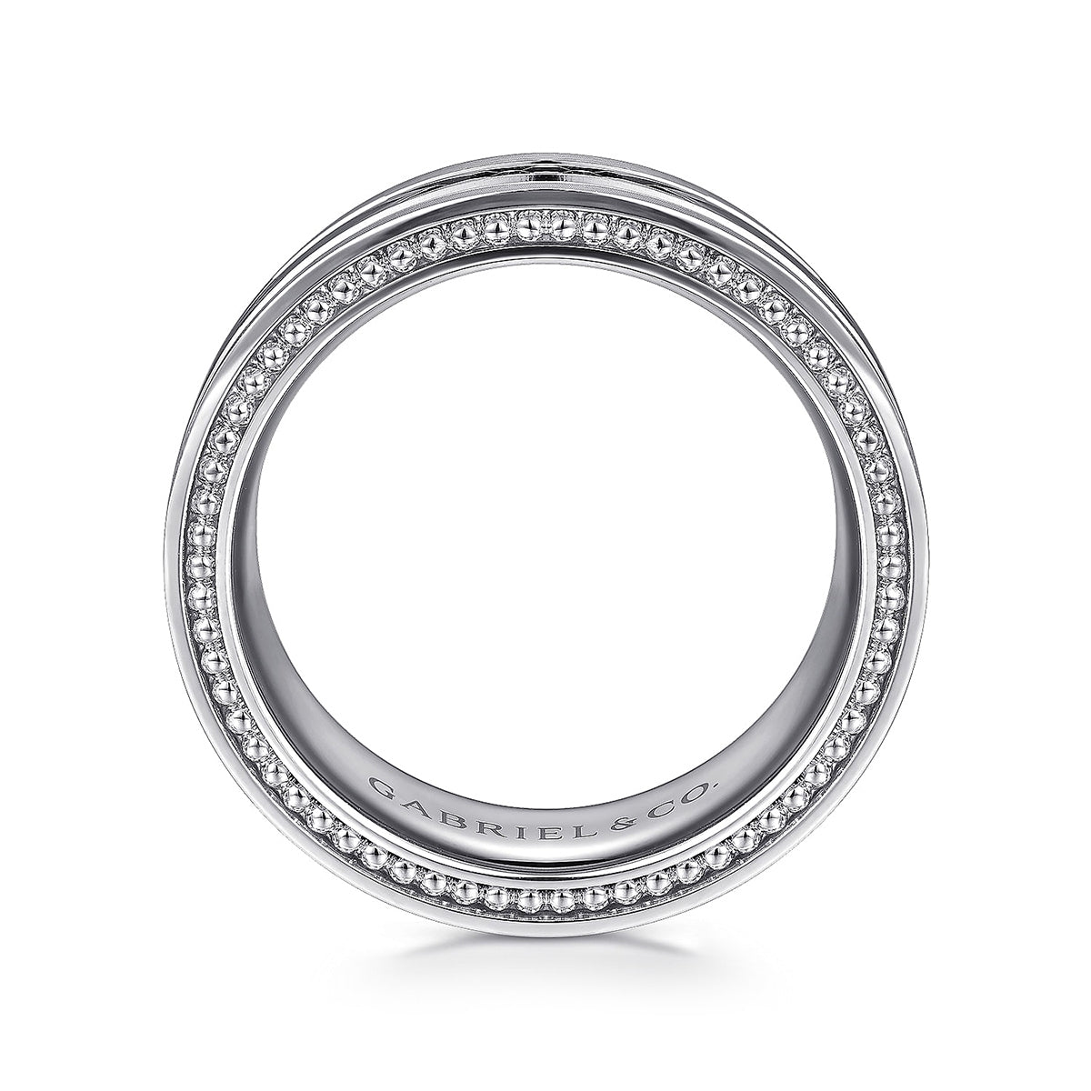 Gabriel & Co. Leo Men's 8mm Satin Finish Carved Milgrain Edge Wedding Ring in 14K White Gold close-up detail