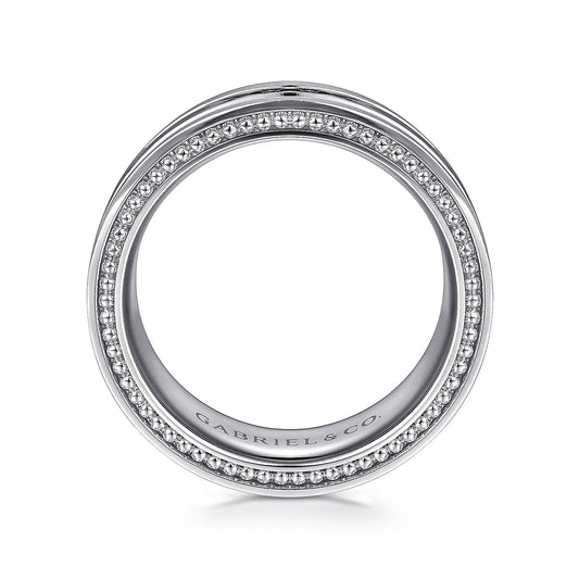 Gabriel & Co. Leo Men's 8mm Satin Finish Carved Milgrain Edge Wedding Ring in 14K White Gold close-up detail