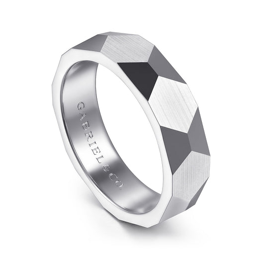 Gabriel & Co. Oscar Men's 6mm Satin Finish Carved Wedding Ring in 14K White Gold front view