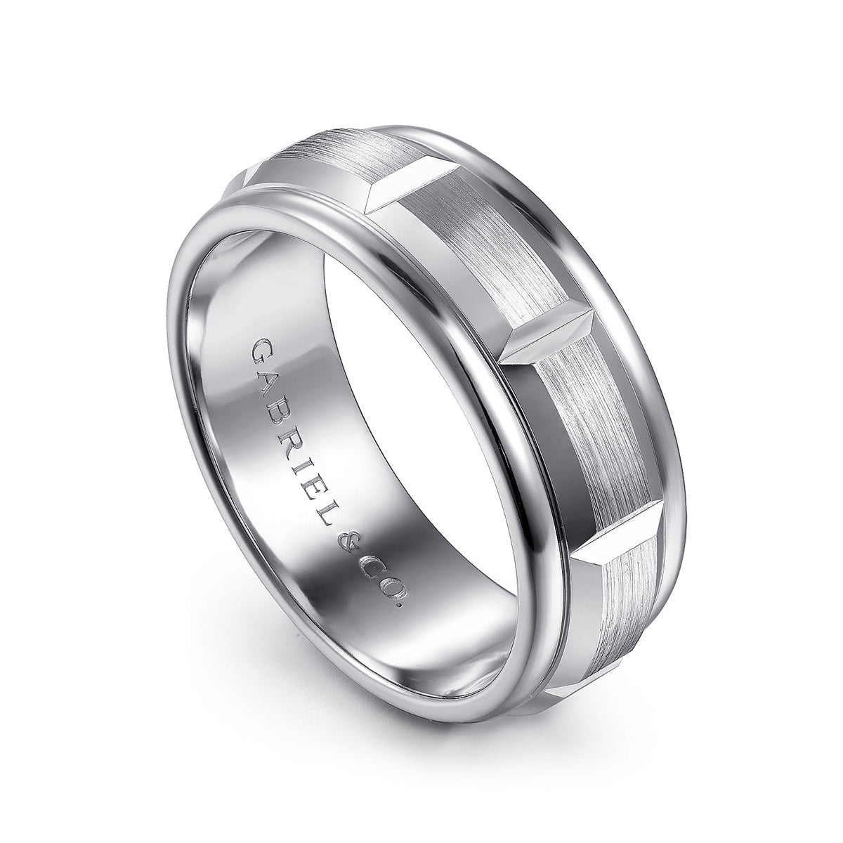 Gabriel & Co. Austin Men's 8mm Satin Finish Carved Station Wedding Ring in 14K White Gold front view