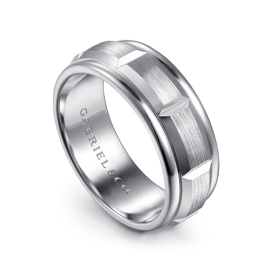 Gabriel & Co. Austin Men's 8mm Satin Finish Carved Station Wedding Ring in 14K White Gold front view