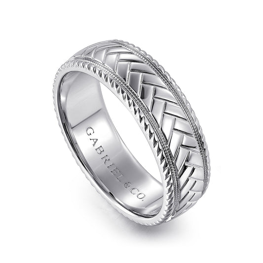 Gabriel & Co. Asher Men's 7mm Chevron Wedding Ring in 14K White Gold front view