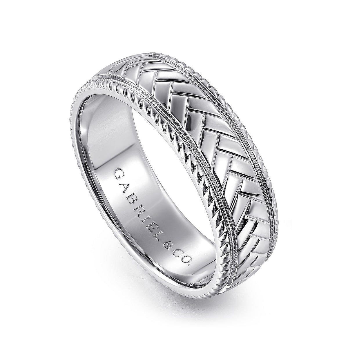Gabriel & Co. Asher Men's 7mm Chevron Wedding Ring in 14K White Gold front view