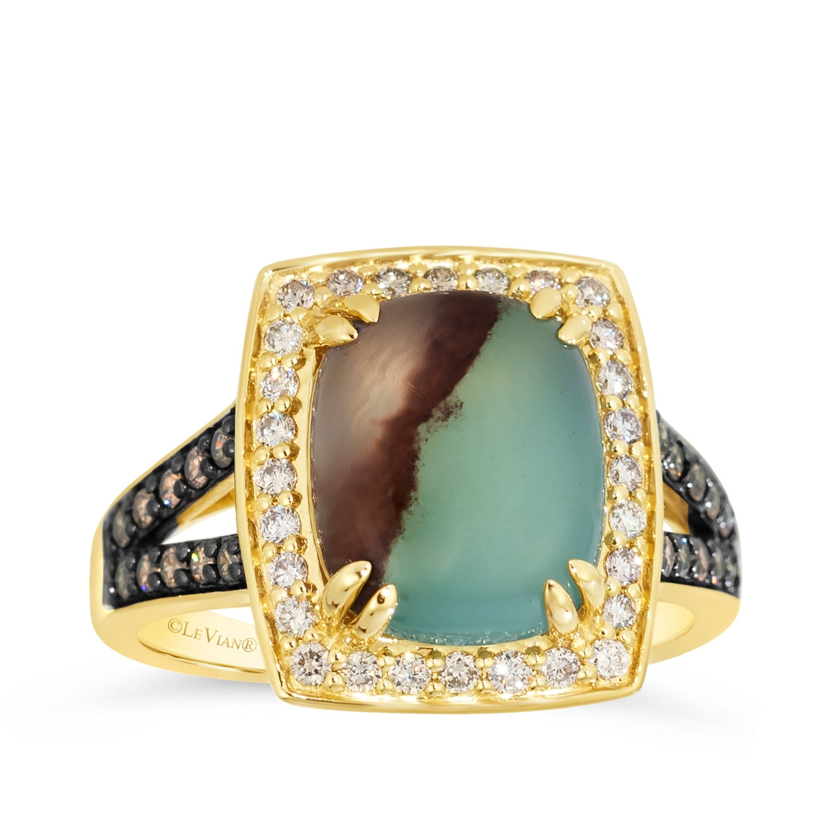 Le Vian Emerald Cut Aquaprase & 3/8 ct. tw. Nude & Chocolate Diamond Halo Split Shank Ring in 14K Honey Gold
